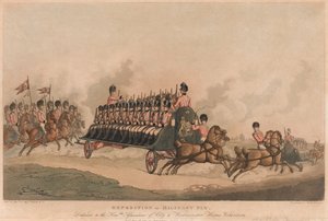 "Expedition of Military Fly" (akvatinta, väri) tekijältä Thomas Rowlandson