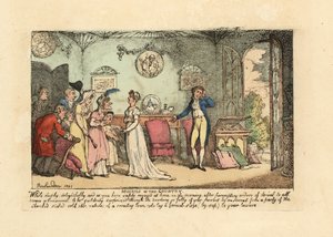 Muodikas pariskunta, jota häiritsee tyhmä, kivikylmä joutilassukulainen tekijältä Thomas Rowlandson