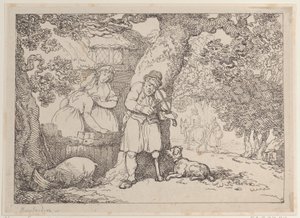 Viulunsoittaja, merimies, kaksi naista ja sika mökin luona, 1816, 1816. tekijältä Thomas Rowlandson