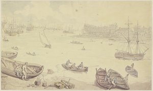 Joki, jolla liikkuu paljon aluksia ja jossa on telakka tekijältä Thomas Rowlandson