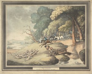 Kettujen metsästys [neljän kuvan sarja]:  3. Kettujen takaa-ajo / Kohtaus Maidenheadin tiheikön lähellä tekijältä Thomas Rowlandson