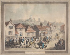 Kettujahdit [neljän kuvan sarja]:  4. Paluu jahdilta. / Näkymä Eatonissa tekijältä Thomas Rowlandson