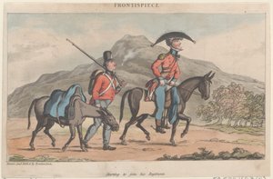 Etukappale: Alkaa liittyä rykmenttiinsä, elokuvasta The Military Adventures of Johnny Newco..., 1815. tekijältä Thomas Rowlandson