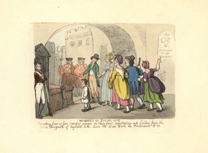 Herrasmies saattamassa maalaisserkkuja heidän ensimmäiselle matkalle Lontooseen tekijältä Thomas Rowlandson