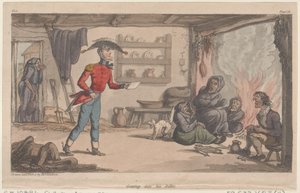 Pääsy hänen aihiokseen, julkaisusta The Military Adventures of Johnny Newcome, 1815, 1815. tekijältä Thomas Rowlandson