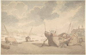 Satamakuva laskuveden aikaan ja rantaan ajautuneet veneet tekijältä Thomas Rowlandson