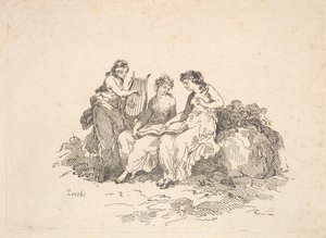 Harmony - Kaksi nymfiä laulamassa, toinen soittaa lyyraa, 1784-88. tekijältä Thomas Rowlandson