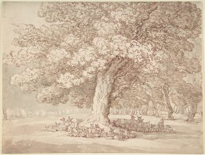 Hirvieläinlauma tammen alla tekijältä Thomas Rowlandson