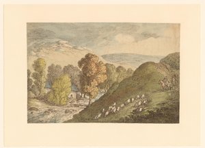Mäkinen maisema, jossa on lampaita tekijältä Thomas Rowlandson
