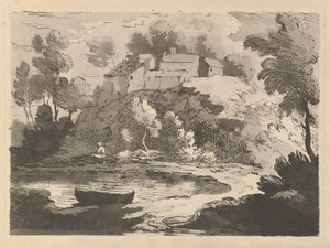 Mäkinen jokimaisema, vene vedessä etualalla vasemmalla, hahmo kaukaisella rannalla..., 1783-84. tekijältä Thomas Rowlandson