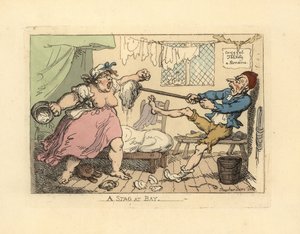 Aviomies pitelee vihaista vaimoaan mopilla. tekijältä Thomas Rowlandson
