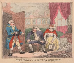 Intrusion or the Doctor Disturbd, pub. 1786 (käsinvärinen kaiverrus) tekijältä Thomas Rowlandson