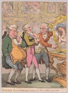 Italialaiset kuvakauppiaat Humbuging My Lord Anglaise, pub. 1812 (käsin väritetty kaiverrus) tekijältä Thomas Rowlandson