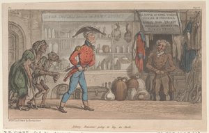 Johnny Newcome makaa Stockissa julkaisusta The Military Adventures of Johnny Newcome, 1815, 1815. tekijältä Thomas Rowlandson