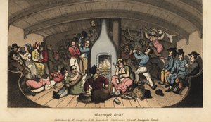 Johnny keikkailee merimiesten, räjähdysmiesten, ryppyisten, päihteiden, parittajien ja parittajien kanssa Sheerness Boatin hytissä. W. Readin käsinvärinen kuparikaiverrus Thomas Rowlandsonin kuvituksen jälkeen Alfred Burtonin teoksesta The Adventures of Jo tekijältä Thomas Rowlandson