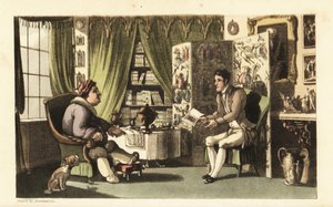 Johnny lukee Sir Jeffery Gourmanille työhuoneessaan. Thomas Rowlandsonin käsinvärinen kuparikaiverrus William Comben teoksesta The History of Johnny Quae Genus, myöhäisen tohtorisyntaksin pieni perustaja. tekijältä Thomas Rowlandson