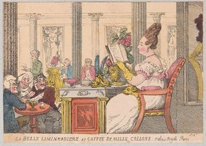 La Belle Liminaudiere Café de Mille Colonnessa, Palais Royalissa, Pariisissa, pubissa. 1814 (käsinvärinen kaiverrus) tekijältä Thomas Rowlandson