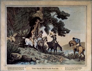 Korkean kuriirien kokous (The High Mettled Racer). Piirustus Thomas Rowlandson (1756-1827). Etsaus ja akvarelli tekijältä Thomas Rowlandson