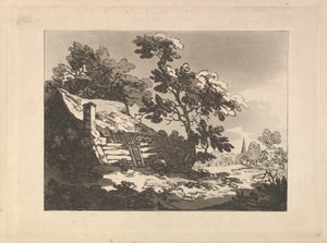 Maisema, jossa vasemmalla on puiden keskellä sijaitseva mökki ja oikealla kaukana näkyvä kirkon torni tekijältä Thomas Rowlandson