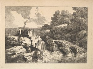 Maisema, jossa kaksi kalastajaa kiipeilevät kallioilla vesiputouksen vieressä, 1784-88. tekijältä Thomas Rowlandson