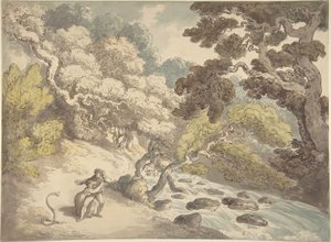 Maisema, jossa virtaa vauhdikas puro ja jonka rannalla seisoo pariskunta, jota käärme on säikäyttänyt tekijältä Thomas Rowlandson