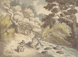 Maisema, jossa ryntää puro ja pariskunta rannalla, käärmeen peloissaan, 1775-1827. tekijältä Thomas Rowlandson