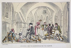 Le docteur à un repas des chasseurs - "" Doctor Syntaxin kolmella kiertueella: viehättävää lohtua ja vaimoa etsimässä" William Combe, ill. Rowlandson tekijältä Thomas Rowlandson