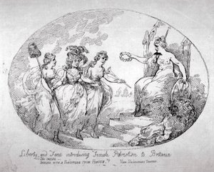 "Vapaus ja maine esittelee naisten isänmaallisuuden Britaniaan", 1784 tekijältä Thomas Rowlandson