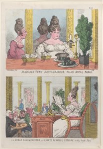 Madame Very Restauranteur, Palais Royal Paris ja La Belle Liminaudiere Caffee De Millessä..., 1814. tekijältä Thomas Rowlandson
