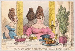 Madame Very, ravintoloitsija, Palais Royal, Pariisi, pub. 1814 (käsin väritetty kaiverrus). tekijältä Thomas Rowlandson
