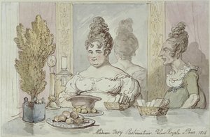 Rouva Véry, ravintoloitsija. Palais Royal, Pariisi tekijältä Thomas Rowlandson