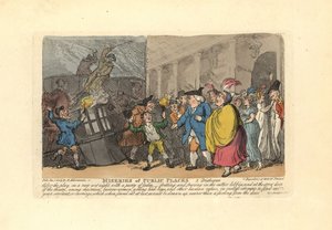 Mies ja naiset etsivät vaunuja joukosta sateessa. tekijältä Thomas Rowlandson