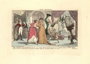 Papukaija ja kissa hyökkäsivät miehen kimppuun olohuoneessa. tekijältä Thomas Rowlandson