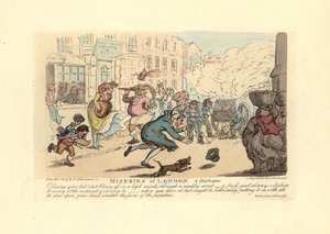 Mies jahtaa hattuaan mutaisella kadulla kovassa tuulessa. tekijältä Thomas Rowlandson