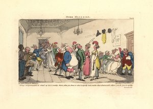 Mies hämmentynyt saadessaan hänet tanssimaan country-tanssissa. tekijältä Thomas Rowlandson