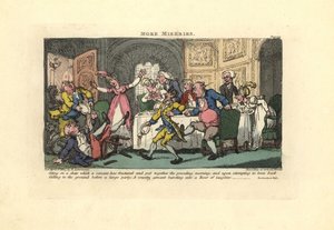 Mies putoaa rikkinäiseltä tuolilta illallisjuhlissa. tekijältä Thomas Rowlandson