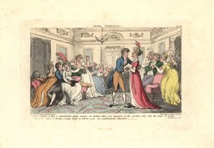 Mies pakotettiin suudella rumaa naista tanssijuhlissa. tekijältä Thomas Rowlandson