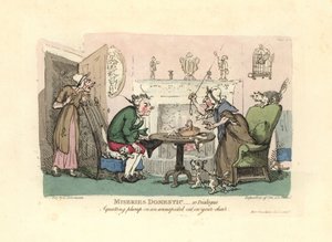Mies istuu hämmästyneen kissan selässä tuolissaan. tekijältä Thomas Rowlandson
