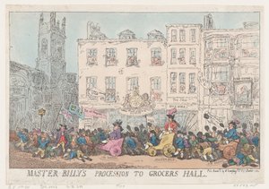 Mestari Billyn kulkue Grocers Halliin, 8. maaliskuuta 1784, 8. maaliskuuta 1784. tekijältä Thomas Rowlandson