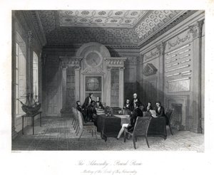 Lords of the Admiralty kokous neuvotteluhuoneessa, Admiralty. Henry Melvillen teräskaiverrus Thomas Rowlandsonin kuvituksen jälkeen julkaisusta London Interiors, Their Costumes and Ceremonies, Joshua Mead, Lontoo tekijältä Thomas Rowlandson