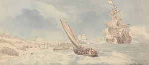 Sota-alukset ja purjeveneet rannikon lähellä tekijältä Thomas Rowlandson
