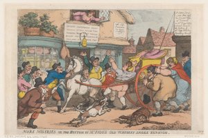 Lisää kurjuutta: Mr Figgin vanhan viskin pohja murtui, 1807, 1807. tekijältä Thomas Rowlandson