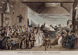 Herra Bullockin lappilaisnäyttely Egyptin salissa, Piccadilly, 1822 (akvatintta). tekijältä Thomas Rowlandson