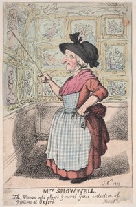 Rouva Showell, nainen, joka näyttää kenraali Guisen kuvakokoelman O...:ssa 26. helmikuuta 1807. tekijältä Thomas Rowlandson