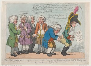 Nap Buonaparte kuumeessa vastaanottaessaan Nelsonin ... poikkeuksellisen lehden 13. marraskuuta 1805. tekijältä Thomas Rowlandson