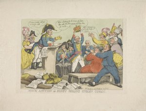 Napoleon myy varastettuja tavaroita, 1813 Huutokauppa tai Boney, joka myy varastettuja tavaroita (nimi esineessä) tekijältä Thomas Rowlandson