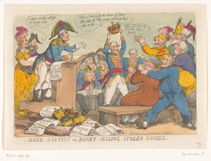 Napoleon myy varastettuja tavaroita, 1813 Huutokauppa tai Boney, joka myy varastettuja tavaroita (nimi esineessä) tekijältä Thomas Rowlandson