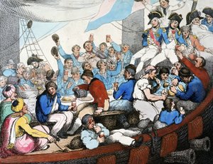 Napoleonin sodat, Egyptin sotaretki (1798-1801): Amiraali Horatio Nelson (1758-1805) juhlii joukkojensa kanssa loistavaa voittoaan Niilin taistelussa (Aboukirin taistelu) (elokuu 1798), veneessään tekijältä Thomas Rowlandson