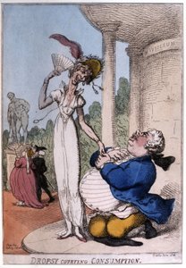 Lihava mies seurustelee tuberkuloosipotilaan kanssa: vesipapu ja kulutus, 1800-luvun alku (karikatyyri)