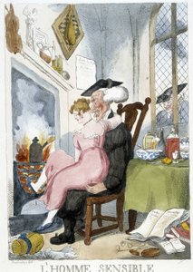 Vanha mies (esiastinen) hapuilee polvillaan istuvaa nuorta naista - Rowlandsonin karikatyyri tekijältä Thomas Rowlandson